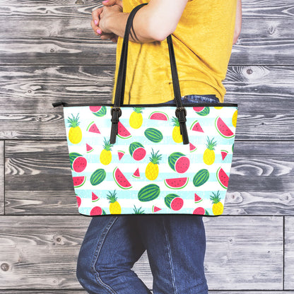 Cute Pineapple Watermelon Pattern Print Leather Tote Bag