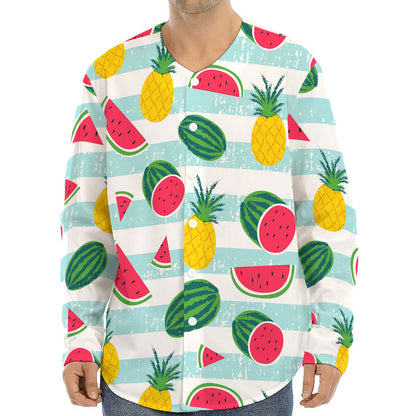Cute Pineapple Watermelon Pattern Print Long Sleeve Baseball Jersey