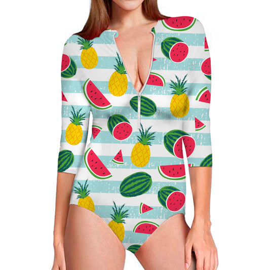 Cute Pineapple Watermelon Pattern Print Long Sleeve Swimsuit