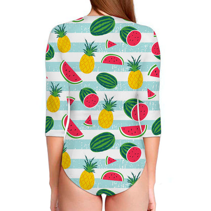 Cute Pineapple Watermelon Pattern Print Long Sleeve Swimsuit