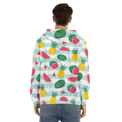 Cute Pineapple Watermelon Pattern Print Men's Velvet Pullover Hoodie