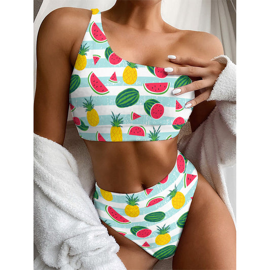Cute Pineapple Watermelon Pattern Print One Shoulder Bikini Top