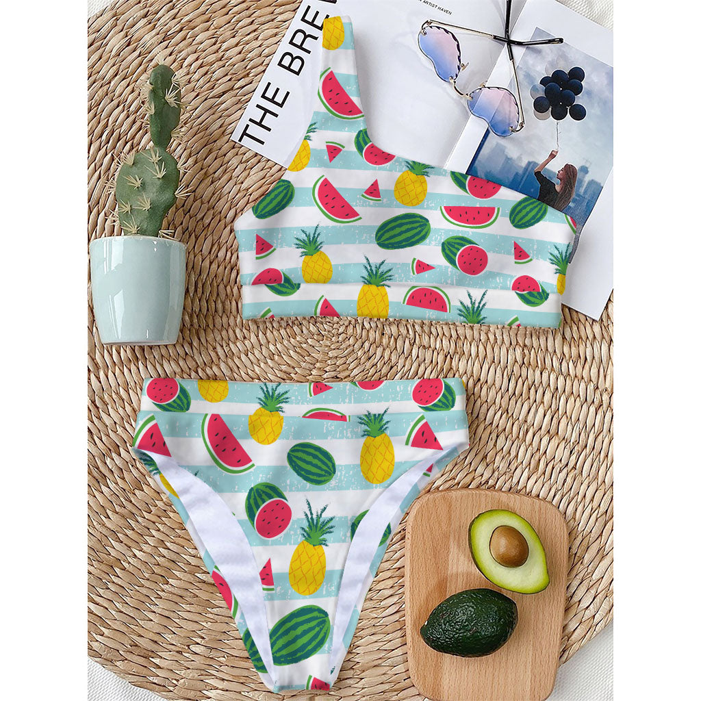 Cute Pineapple Watermelon Pattern Print One Shoulder Bikini Top