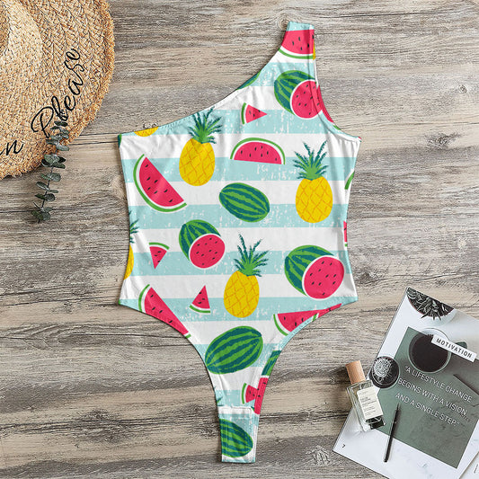 Cute Pineapple Watermelon Pattern Print One Shoulder Bodysuit