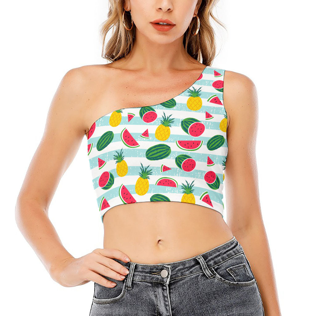 Cute Pineapple Watermelon Pattern Print One Shoulder Crop Top