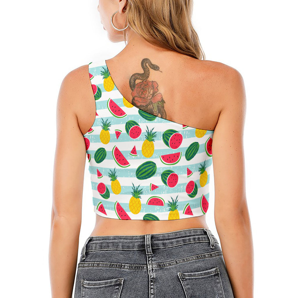 Cute Pineapple Watermelon Pattern Print One Shoulder Crop Top