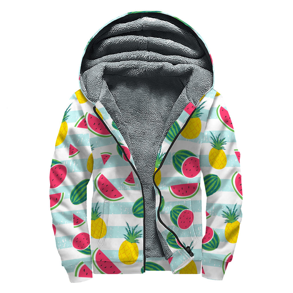 Cute Pineapple Watermelon Pattern Print Sherpa Lined Zip Up Hoodie