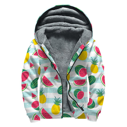 Cute Pineapple Watermelon Pattern Print Sherpa Lined Zip Up Hoodie