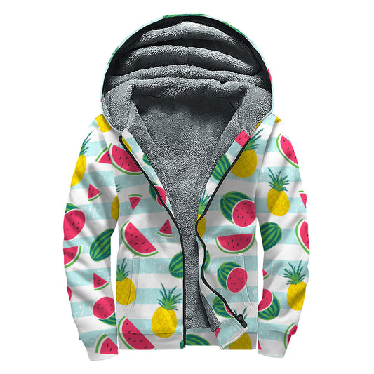 Cute Pineapple Watermelon Pattern Print Sherpa Lined Zip Up Hoodie