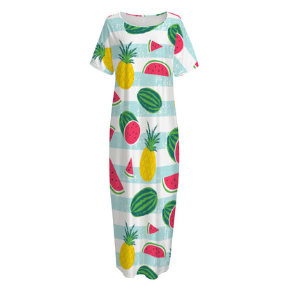 Cute Pineapple Watermelon Pattern Print Short Sleeve Long Nightdress