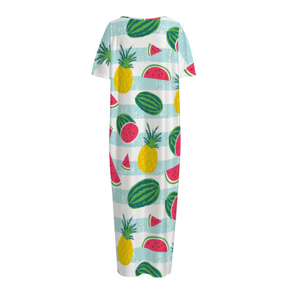 Cute Pineapple Watermelon Pattern Print Short Sleeve Long Nightdress