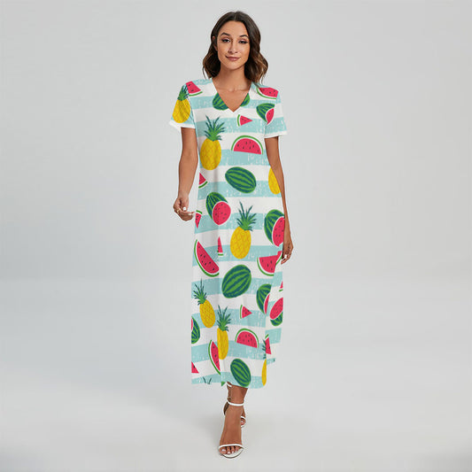 Cute Pineapple Watermelon Pattern Print Short Sleeve Maxi Dress