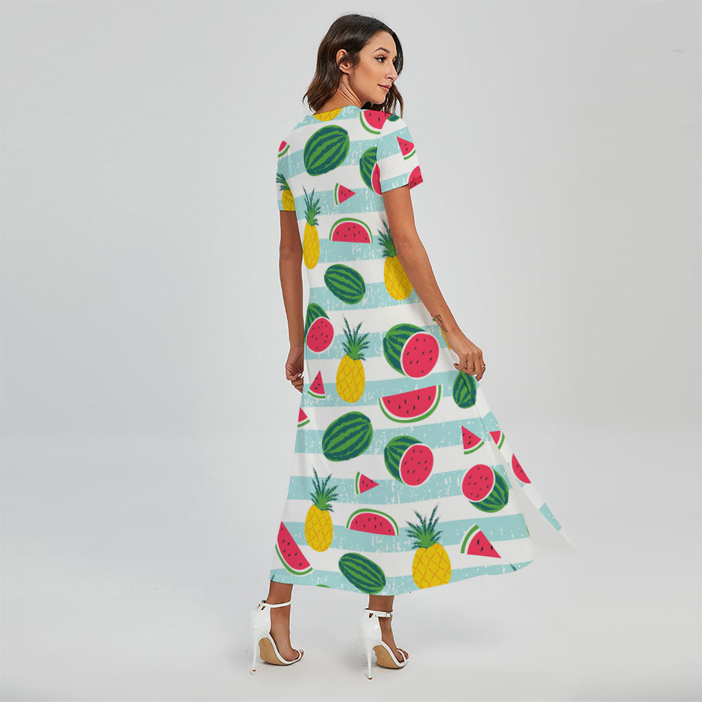 Cute Pineapple Watermelon Pattern Print Short Sleeve Maxi Dress