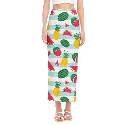 Cute Pineapple Watermelon Pattern Print Side Slit Maxi Skirt