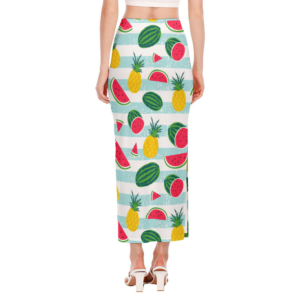 Cute Pineapple Watermelon Pattern Print Side Slit Maxi Skirt