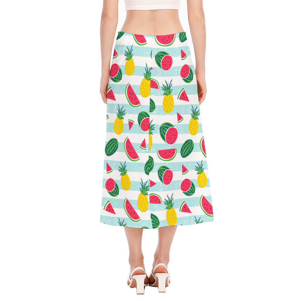 Cute Pineapple Watermelon Pattern Print Side Slit Midi Skirt