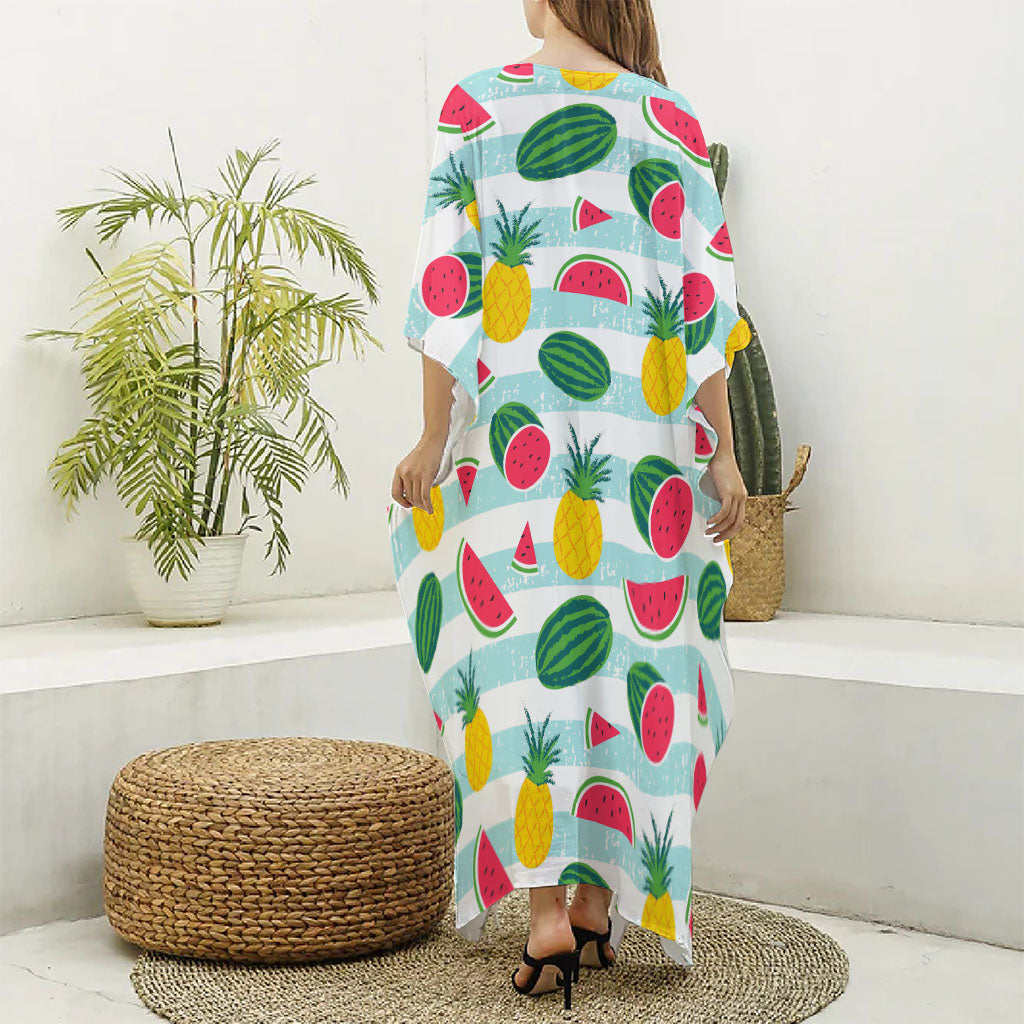 Cute Pineapple Watermelon Pattern Print Silk V-Neck Kaftan Dress