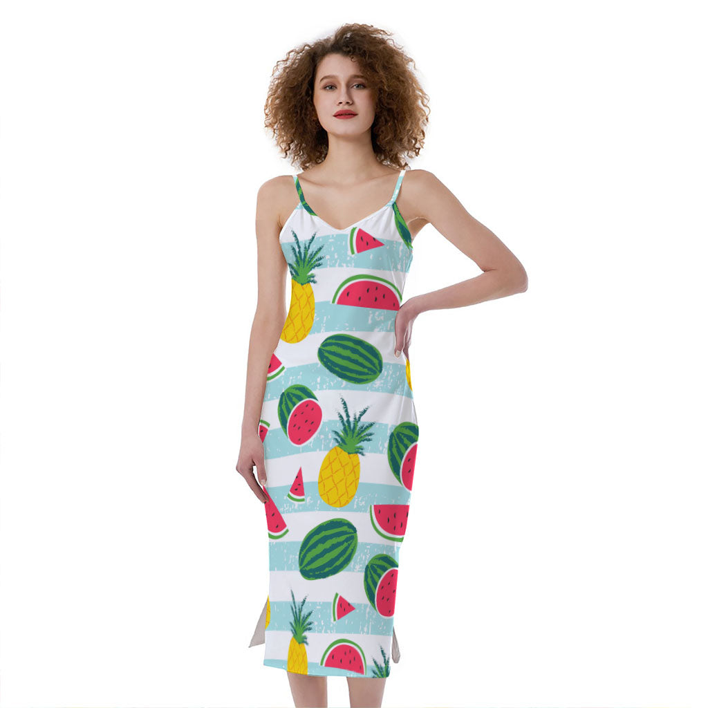 Cute Pineapple Watermelon Pattern Print Slim Fit Midi Cami Dress