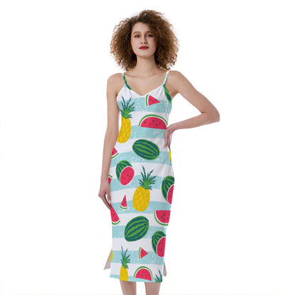 Cute Pineapple Watermelon Pattern Print Slim Fit Midi Cami Dress