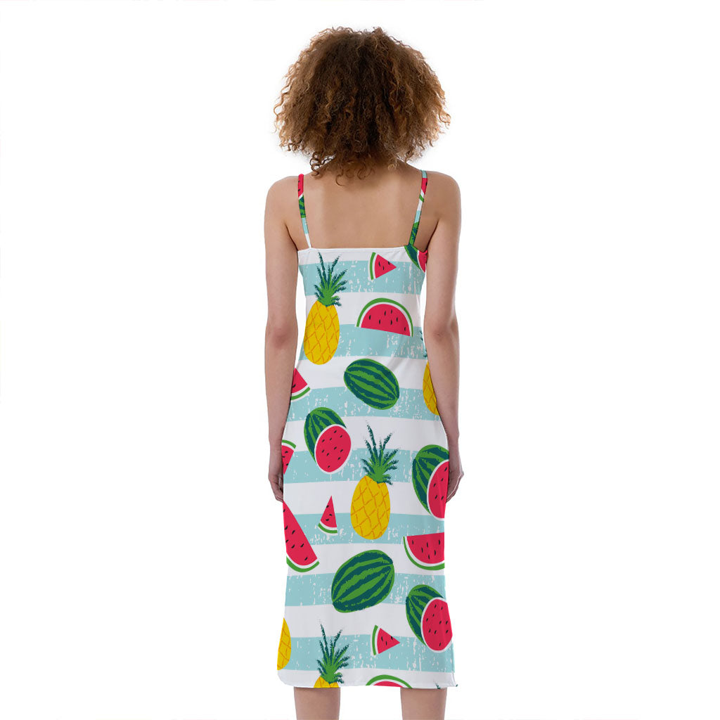 Cute Pineapple Watermelon Pattern Print Slim Fit Midi Cami Dress