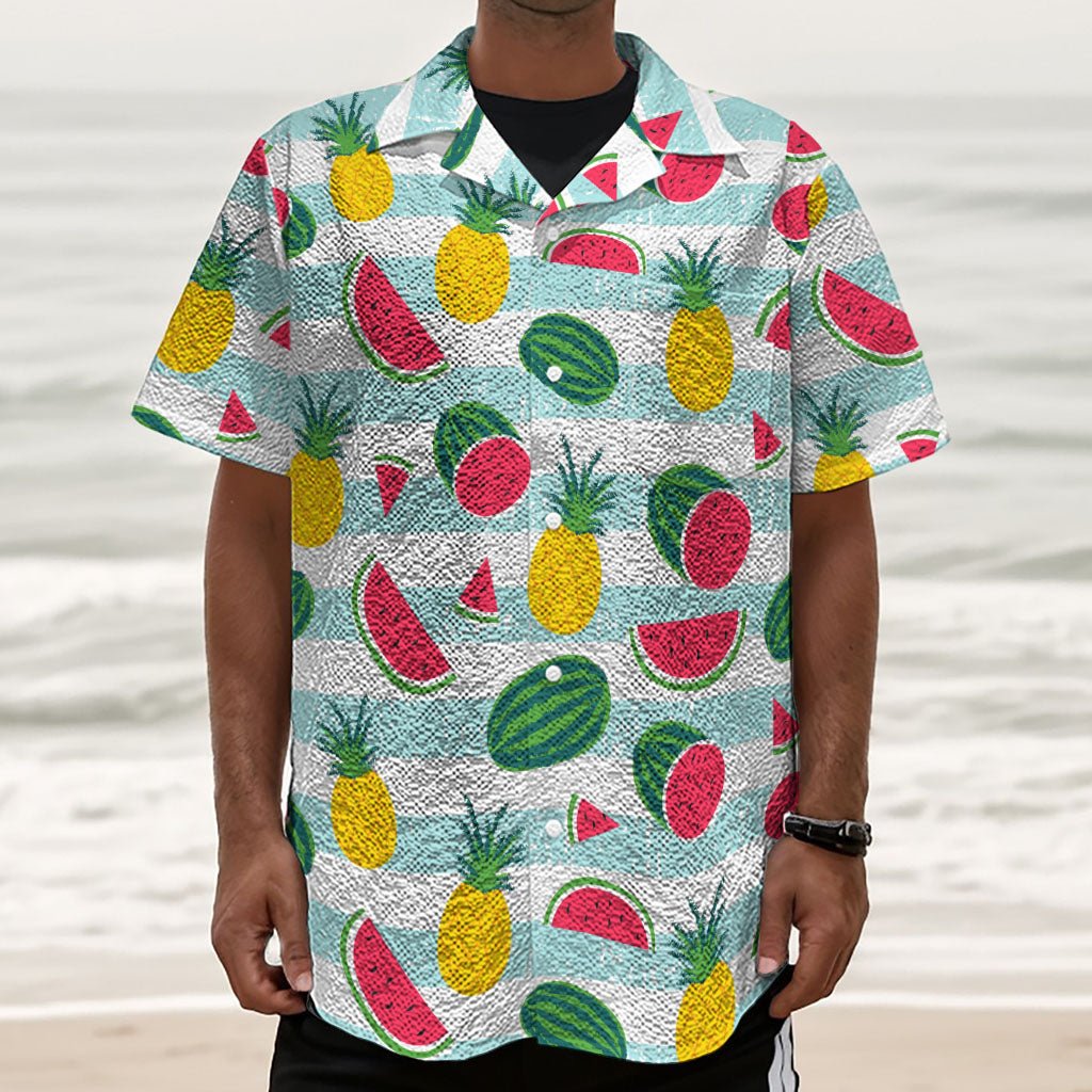 Cute Pineapple Watermelon Pattern Print Textured Short Sleeve Shirt