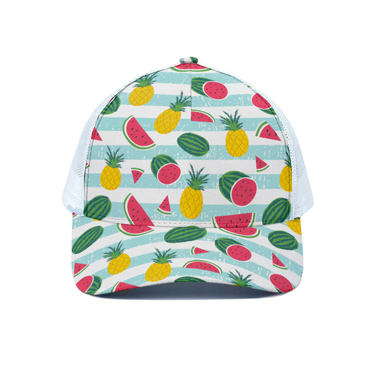Cute Pineapple Watermelon Pattern Print White Mesh Trucker Cap