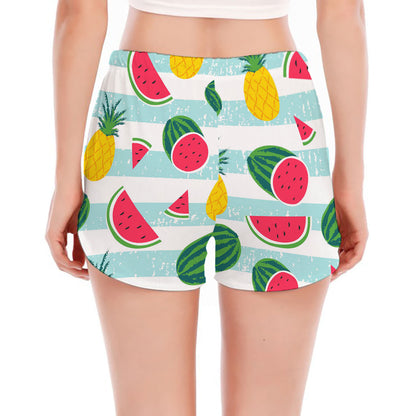 Cute Pineapple Watermelon Pattern Print Women's Split Running Shorts
