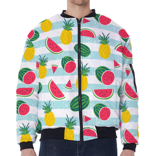 Cute Pineapple Watermelon Pattern Print Zip Sleeve Bomber Jacket
