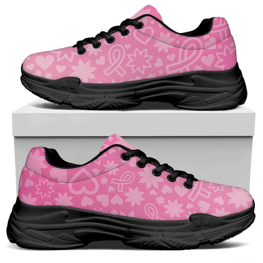 Cute Pink Breast Cancer Pattern Print Black Chunky Shoes