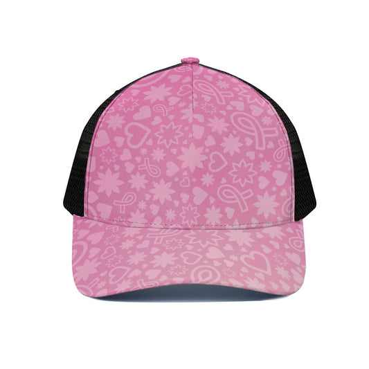 Cute Pink Breast Cancer Pattern Print Black Mesh Trucker Cap