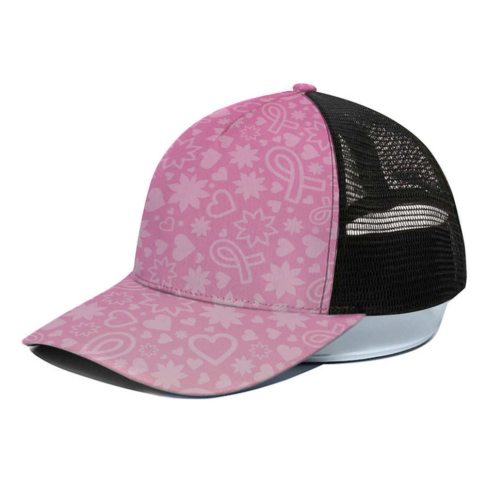 Cute Pink Breast Cancer Pattern Print Black Mesh Trucker Cap