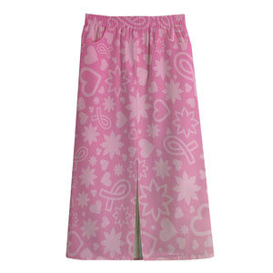 Cute Pink Breast Cancer Pattern Print Cotton Front Slit Maxi Skirt