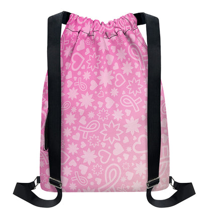Cute Pink Breast Cancer Pattern Print Drawstring Backpack