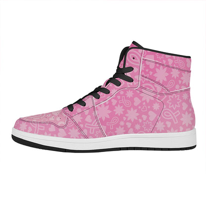 Cute Pink Breast Cancer Pattern Print High Top Leather Sneakers