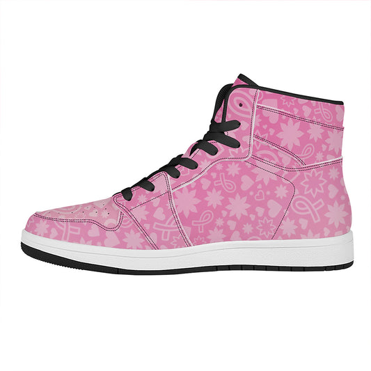 Cute Pink Breast Cancer Pattern Print High Top Leather Sneakers