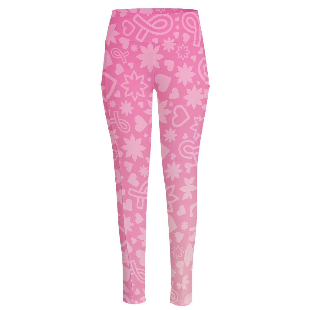 Cute Pink Breast Cancer Pattern Print High-Waisted Pocket Leggings