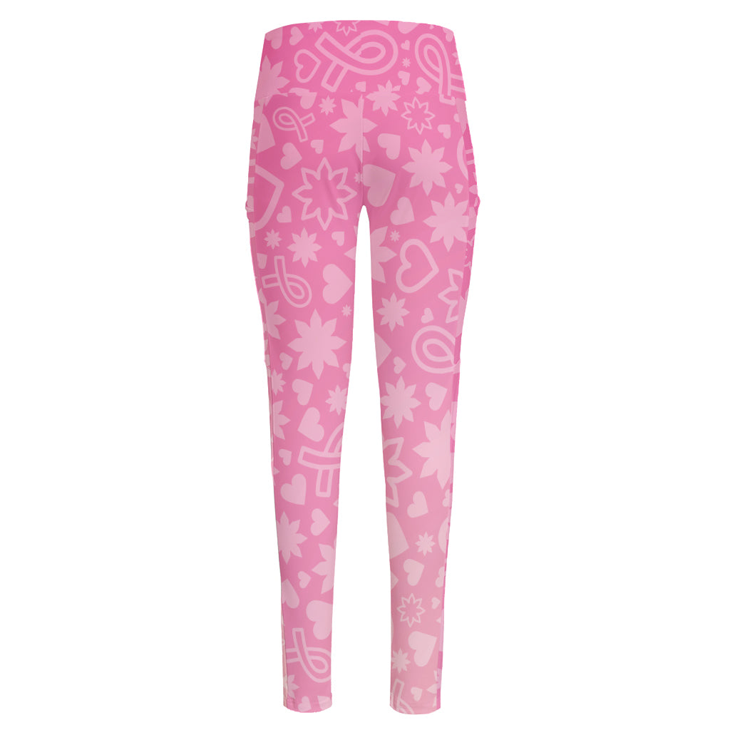 Cute Pink Breast Cancer Pattern Print High-Waisted Pocket Leggings