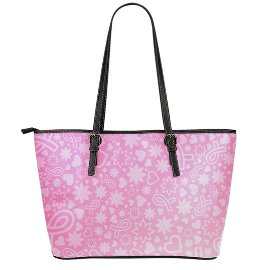 Cute Pink Breast Cancer Pattern Print Leather Tote Bag