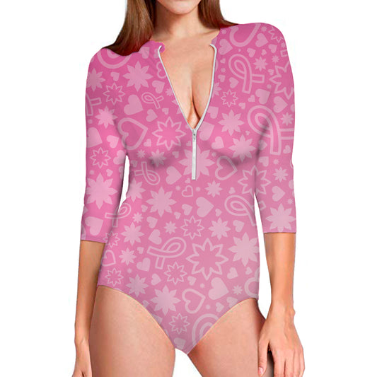 Cute Pink Breast Cancer Pattern Print Long Sleeve Swimsuit