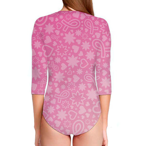 Cute Pink Breast Cancer Pattern Print Long Sleeve Swimsuit