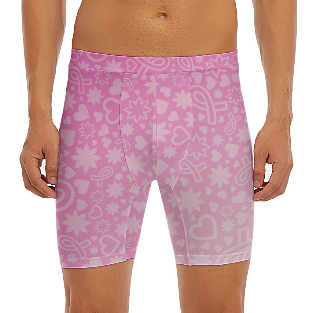 Cute Pink Breast Cancer Pattern Print Men's Long Boxer Briefs