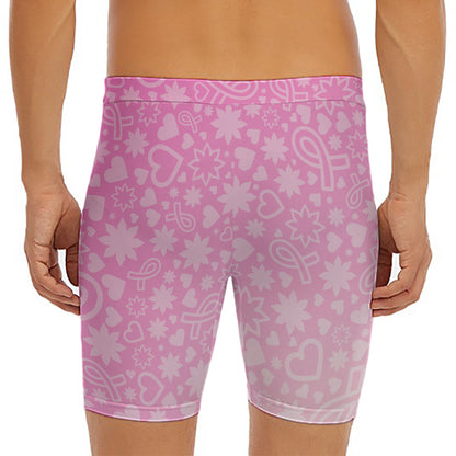 Cute Pink Breast Cancer Pattern Print Men's Long Boxer Briefs