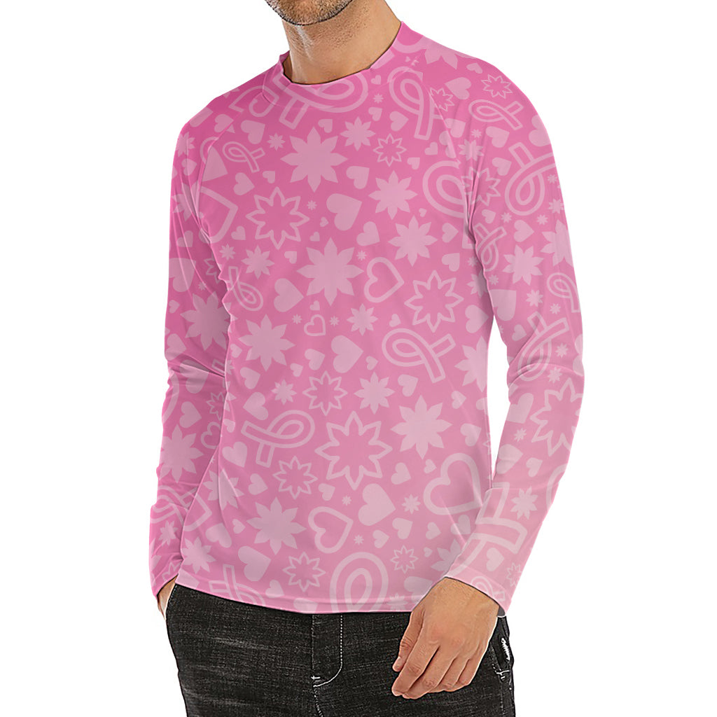Cute Pink Breast Cancer Pattern Print Men's Long Sleeve Rash Guard
