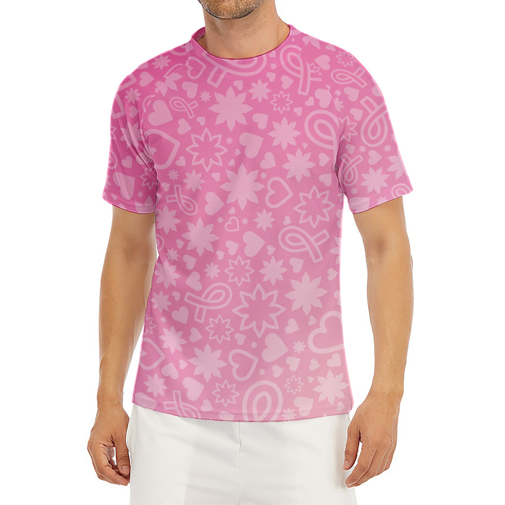 Cute Pink Breast Cancer Pattern Print Men's Short Sleeve Rash Guard