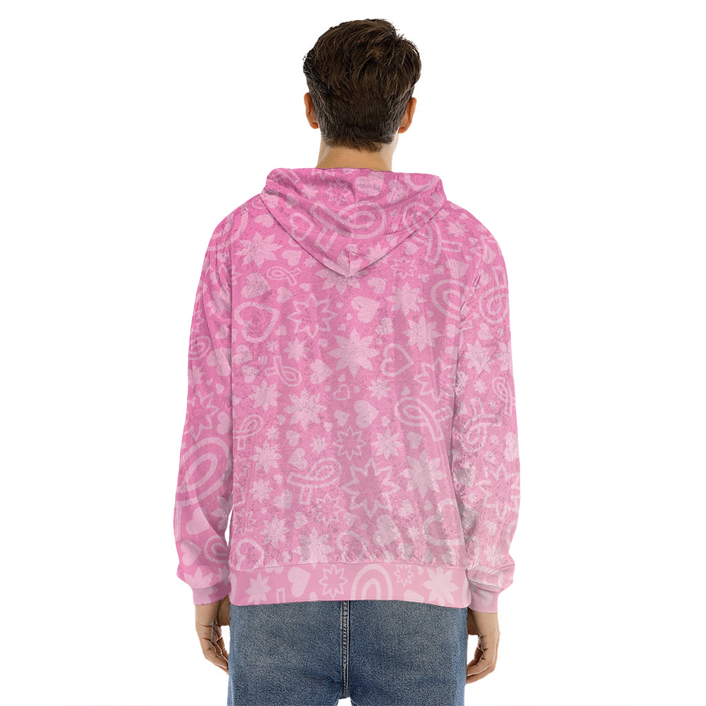 Cute Pink Breast Cancer Pattern Print Men's Velvet Pullover Hoodie