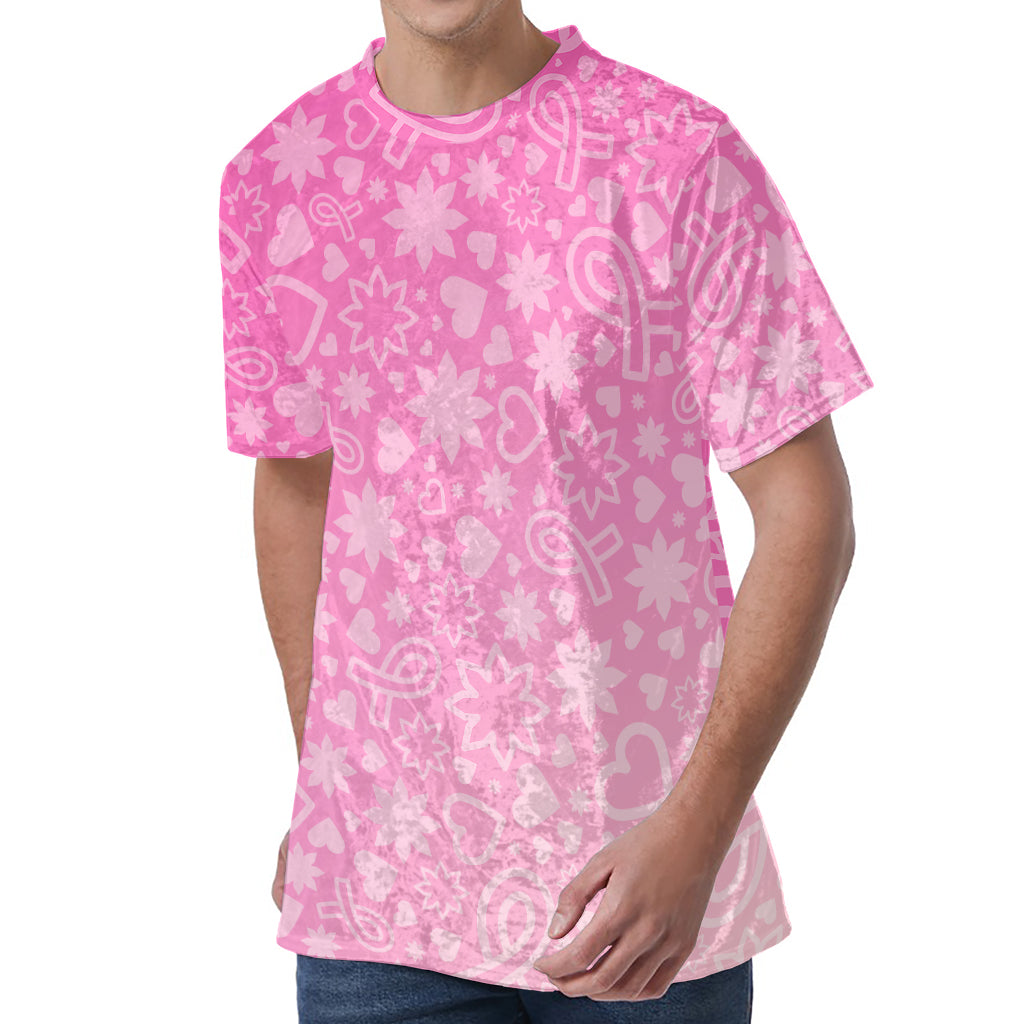 Cute Pink Breast Cancer Pattern Print Men's Velvet T-Shirt