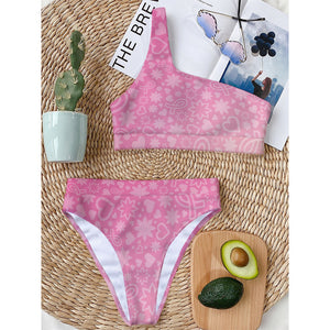 Cute Pink Breast Cancer Pattern Print One Shoulder Bikini Top