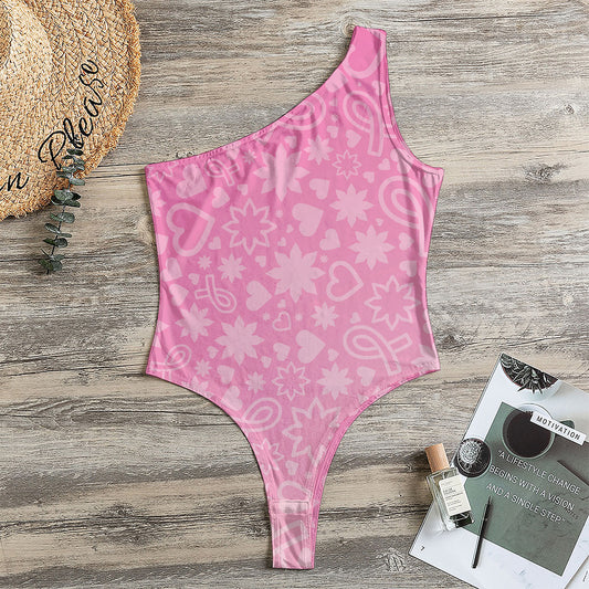 Cute Pink Breast Cancer Pattern Print One Shoulder Bodysuit