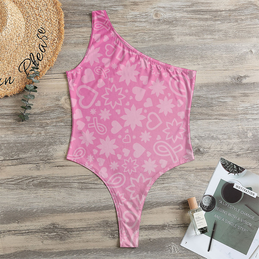 Cute Pink Breast Cancer Pattern Print One Shoulder Bodysuit