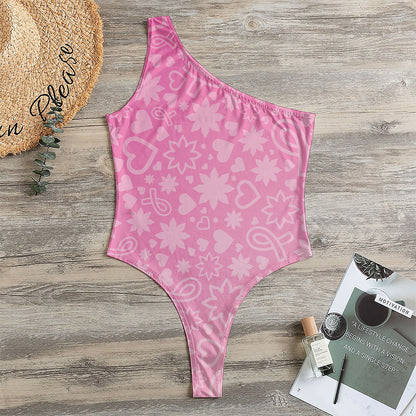 Cute Pink Breast Cancer Pattern Print One Shoulder Bodysuit
